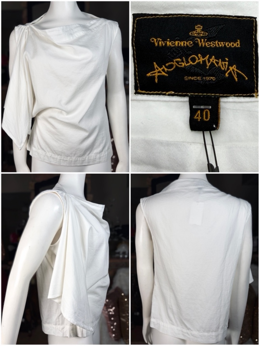 Vivienne Westwood Anglomania 100% Cotton White Asymmetrical Sleeveless Top, Sz 4
